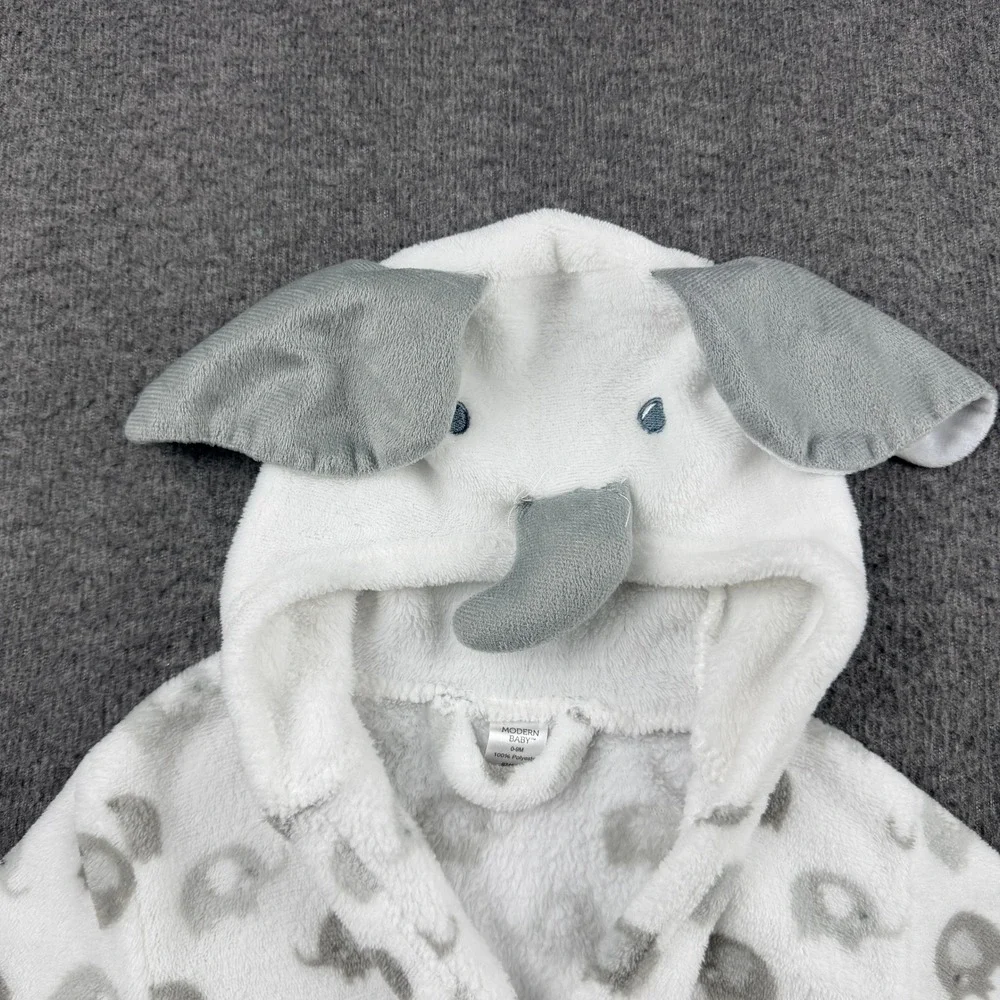 Modern Baby Elephant‎ Hooded Bathrobe White Gray Fleece Plush 0-9M